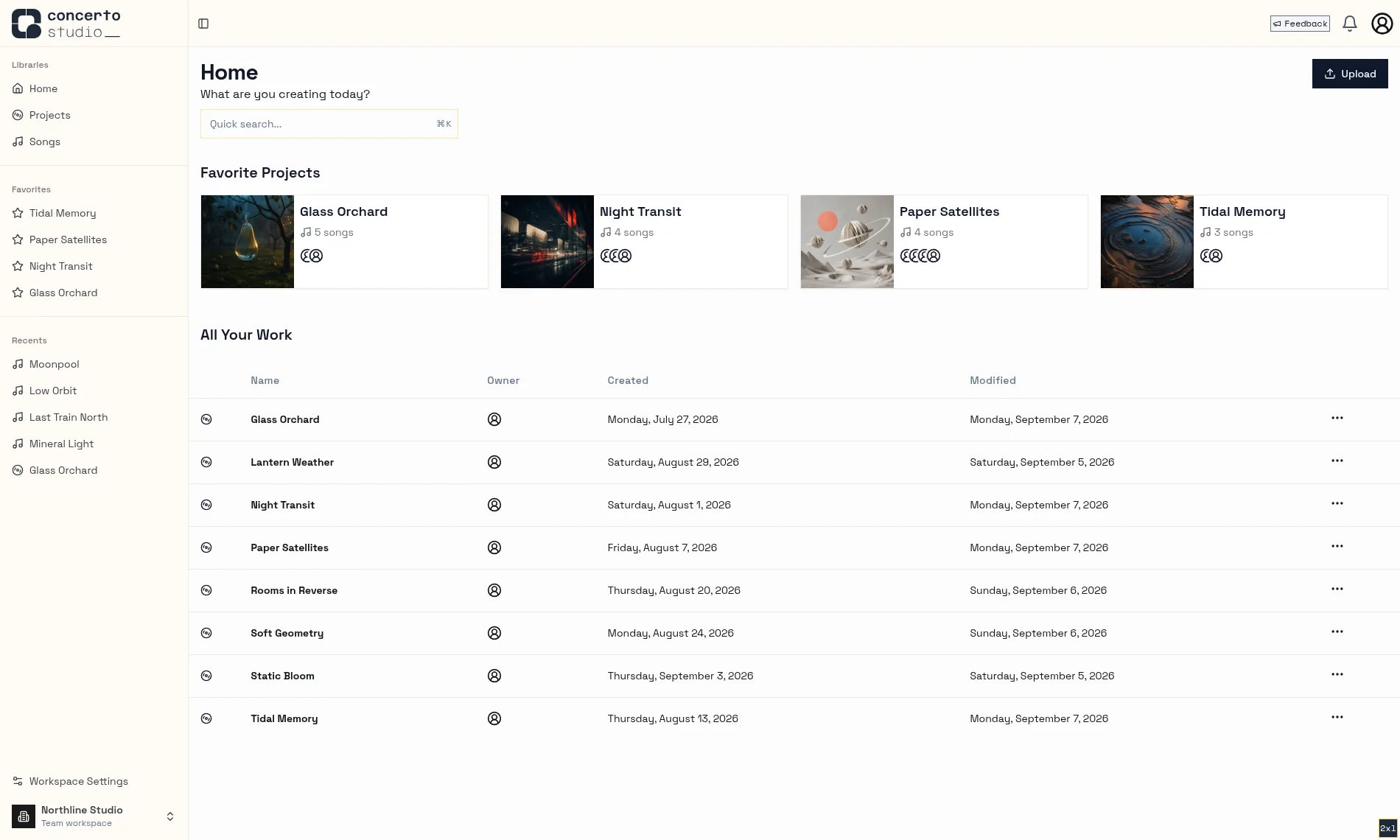 Concerto home page showing recent projects, favorites, and the workspace sidebar