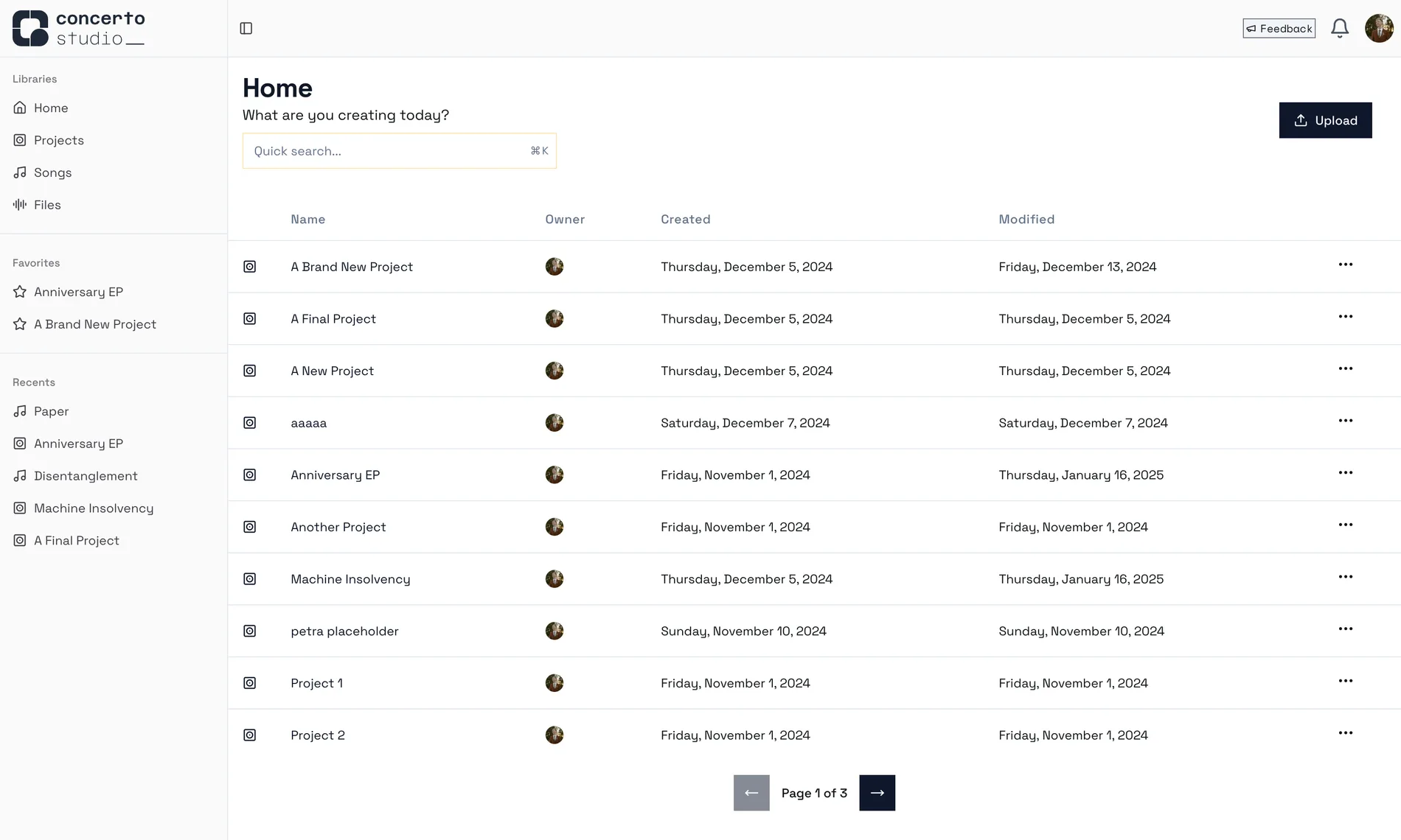 Concerto home page showing recent projects, favorites, and the workspace sidebar