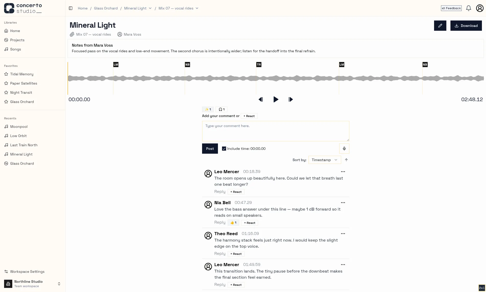 Concerto song page with waveform player and time-synced comments