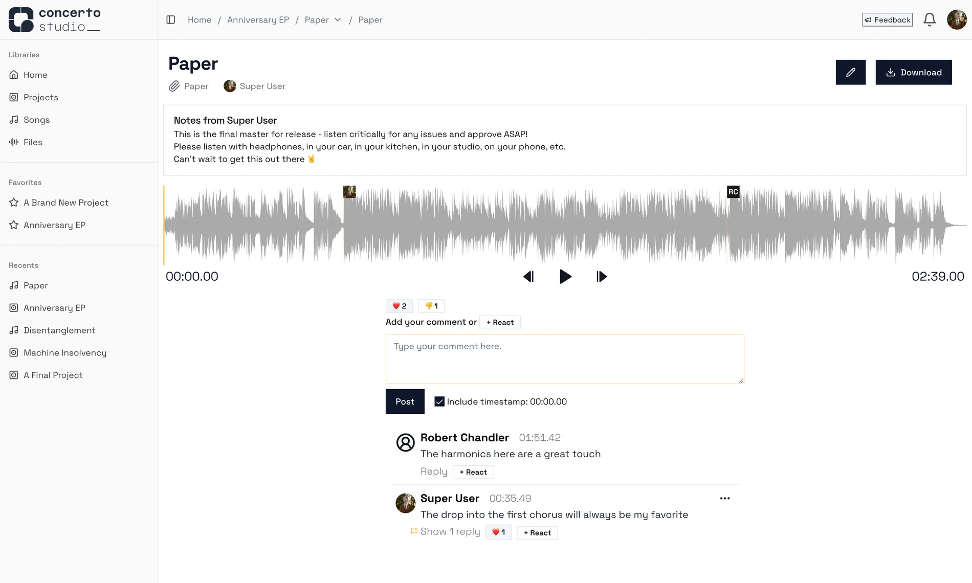 Concerto song page with waveform player and time-synced comments