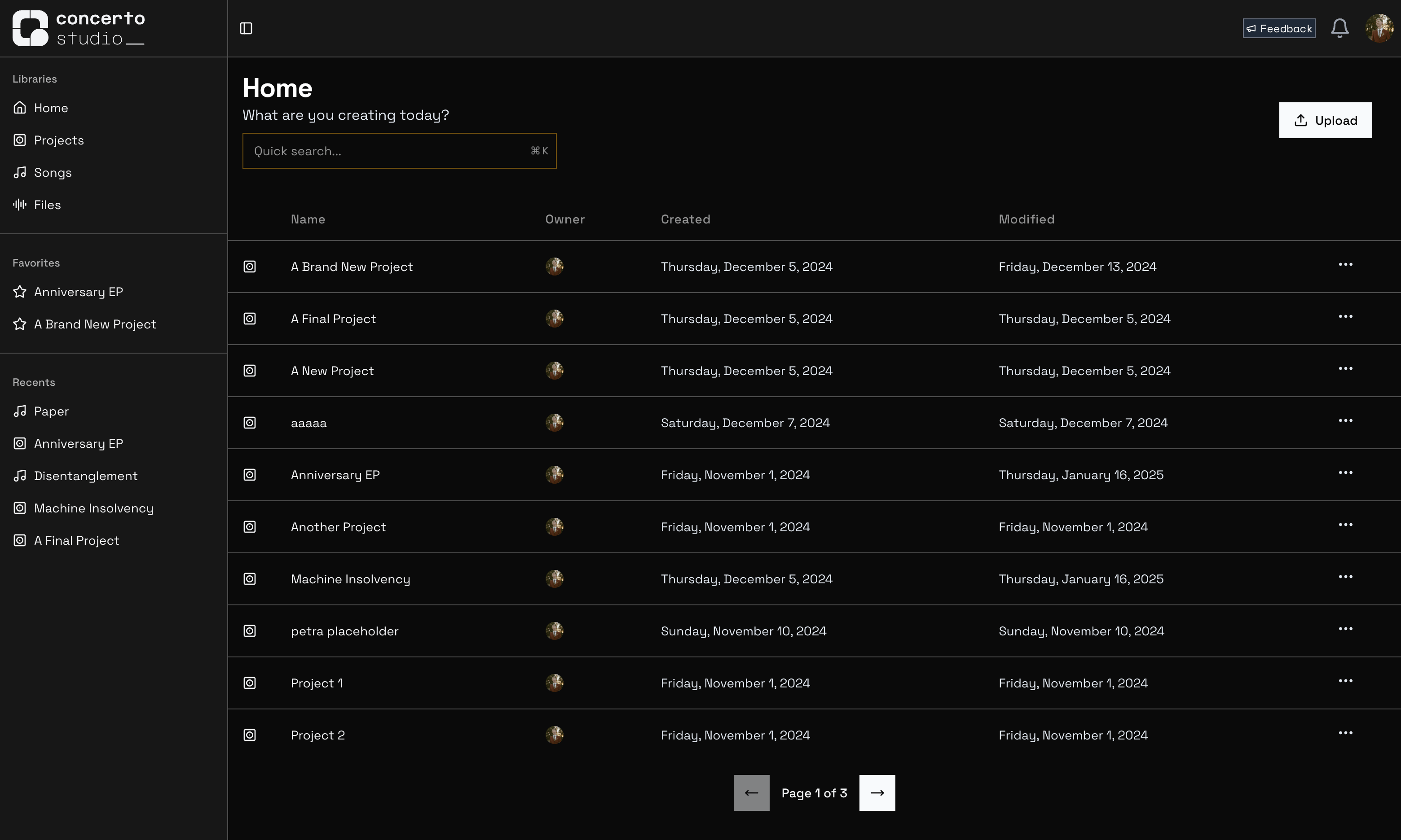 Concerto home page in dark mode