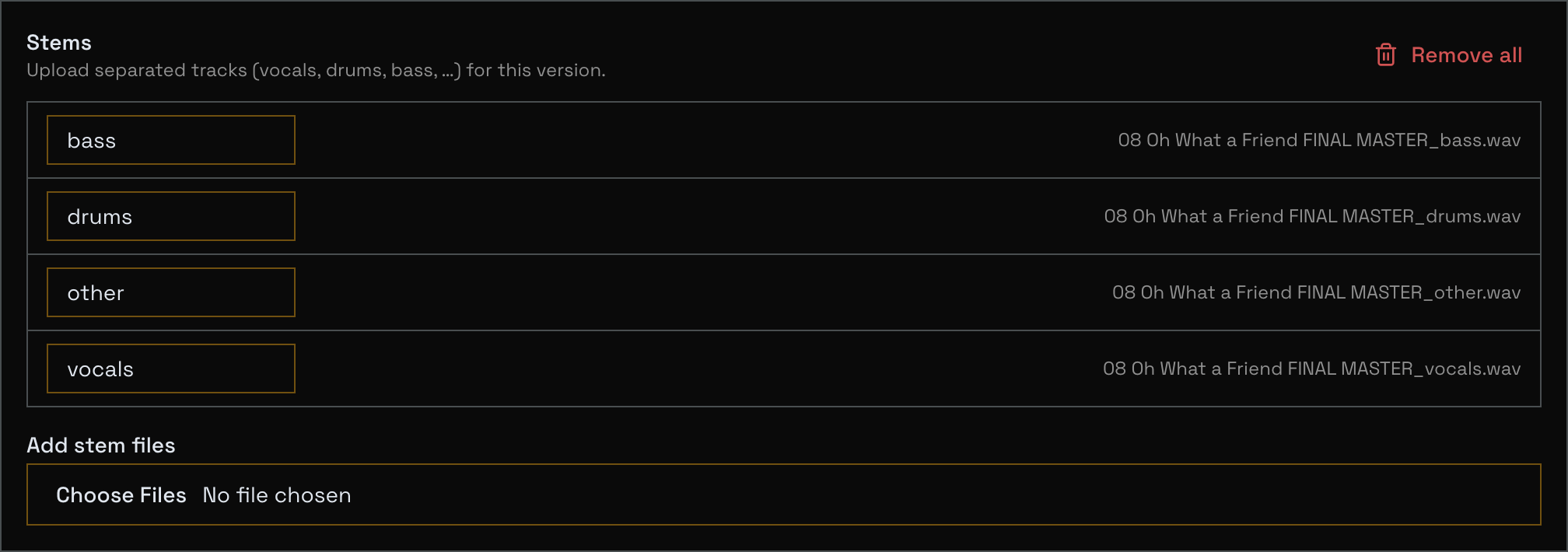 The stem manager in the version edit panel, with bass, drums, other, and vocals stems labeled and ready